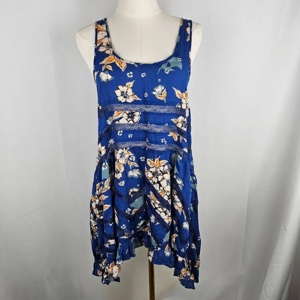 Intimately Free People Floral Print Trapeze Mini Dress XS Blue Boho - Picture 3 of 12
